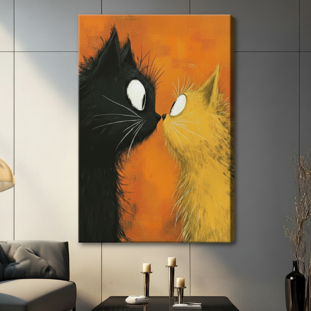 Unframed canvas print featuring a fluffy black cat and golden yellow cat staring at each other with expressive white eyes against a bold orange painted background