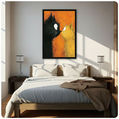 Framed black and yellow cat wall art hung above a wooden bed in a sunlit bedroom, depicting two whimsical cats facing each other on a warm orange background