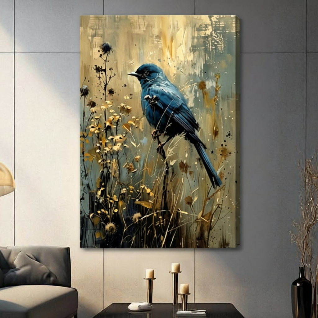 Gallery wrap stretched canvas of a rich cobalt blue bird resting on a delicate wild twig surrounded by golden daisy-like blooms and dark ink botanical stems with gold paint drips on a heavily textured warm gold and blue-gray abstract background hung frameless on a gray tile wall