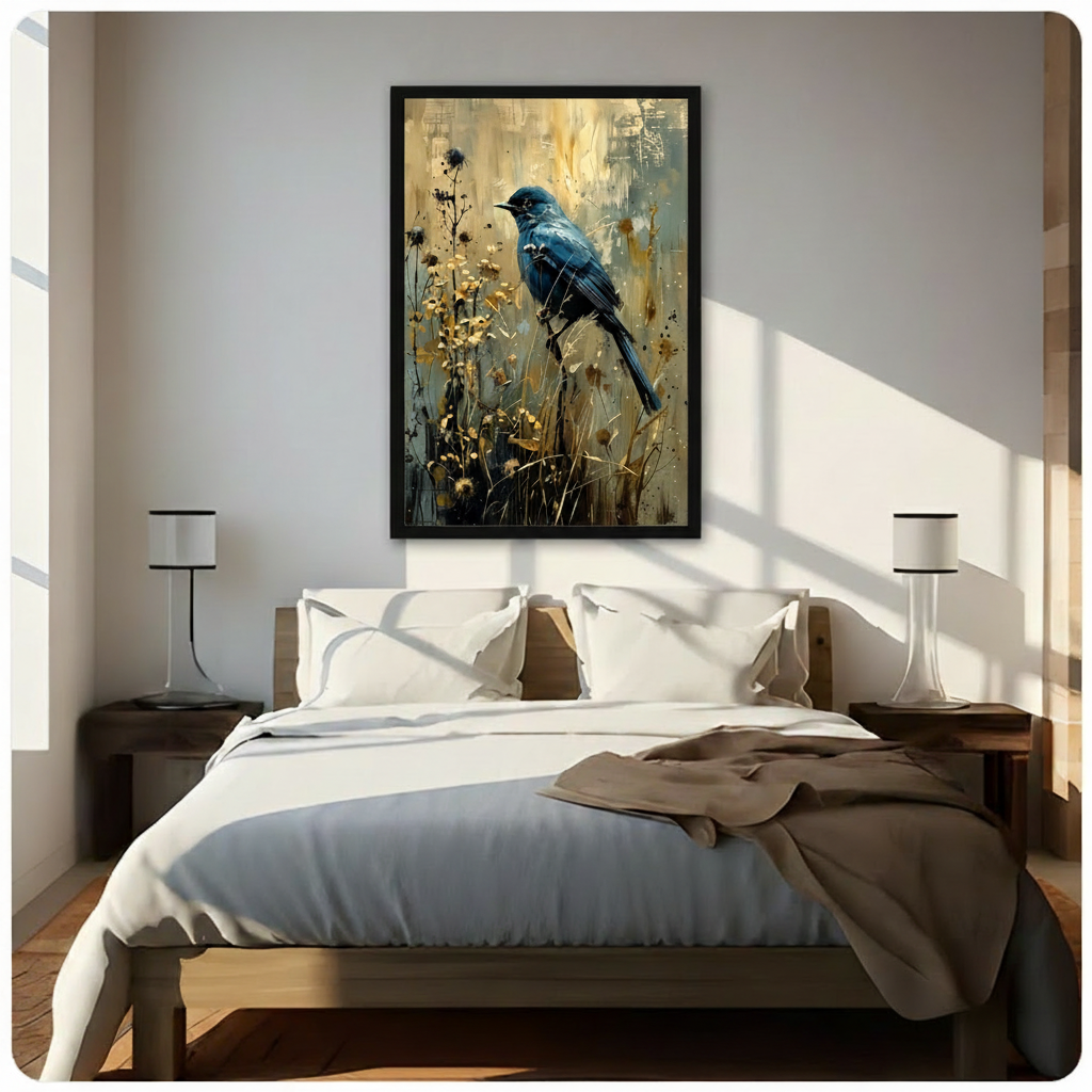 Black framed serene deep blue bird resting on a wild botanical branch with golden wildflower accents and ink splashes impressionist oil painting canvas wall art on warm gold and teal impasto background hung in warm diagonal sunlight above a dark wood bed with white linen bedding