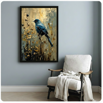 Black framed elegant blue bird on wild botanical stems with scattered golden wildflowers and ink splashes impressionist oil painting canvas print on warm amber and teal impasto background hung on a soft blue-gray wall beside a white linen wood armchair with a draped cream knit throw