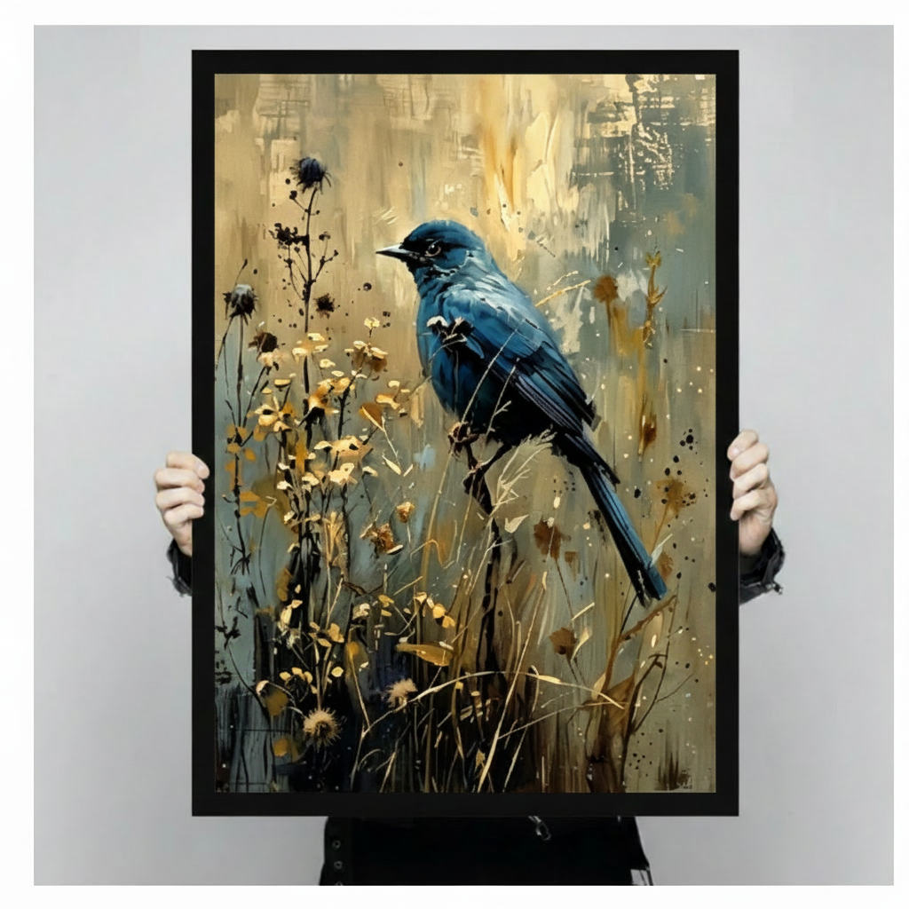 Two hands in black jacket sleeves holding a large black framed impressionist blue bird perched among golden wildflowers and dark botanical stems with gold paint splatter on a warm textured teal amber abstract background canvas art print, front-facing vertical product size display