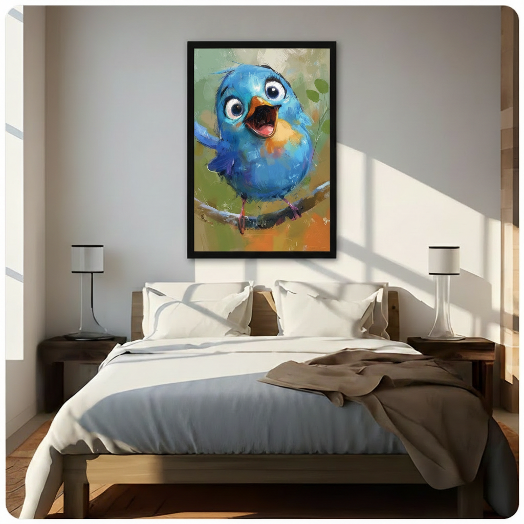 Whimsical blue bird oil painting style framed canvas print above bed, colorful cheerful bird wall art adding playful energy to bright neutral bedroom