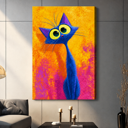 Colorful painting of a tall blue cat with oversized yellow-green eyes purple pointed ears and long neck on a vibrant orange and pink background funny cat wall art stretched canvas dark panel wall living room