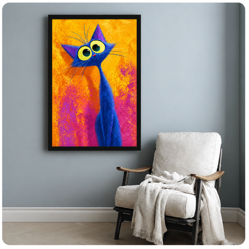 Colorful painting of a tall blue cat with oversized yellow-green eyes purple pointed ears and long neck on a vibrant orange and pink background funny cat wall art framed print beside armchair blue-gray wall