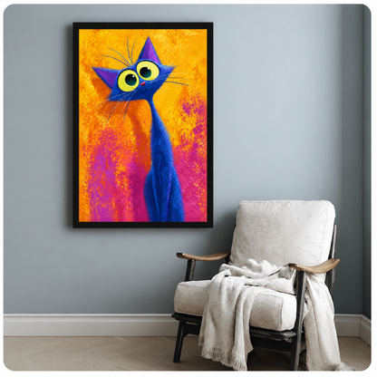 Colorful painting of a tall blue cat with oversized yellow-green eyes purple pointed ears and long neck on a vibrant orange and pink background funny cat wall art framed print beside armchair blue-gray wall