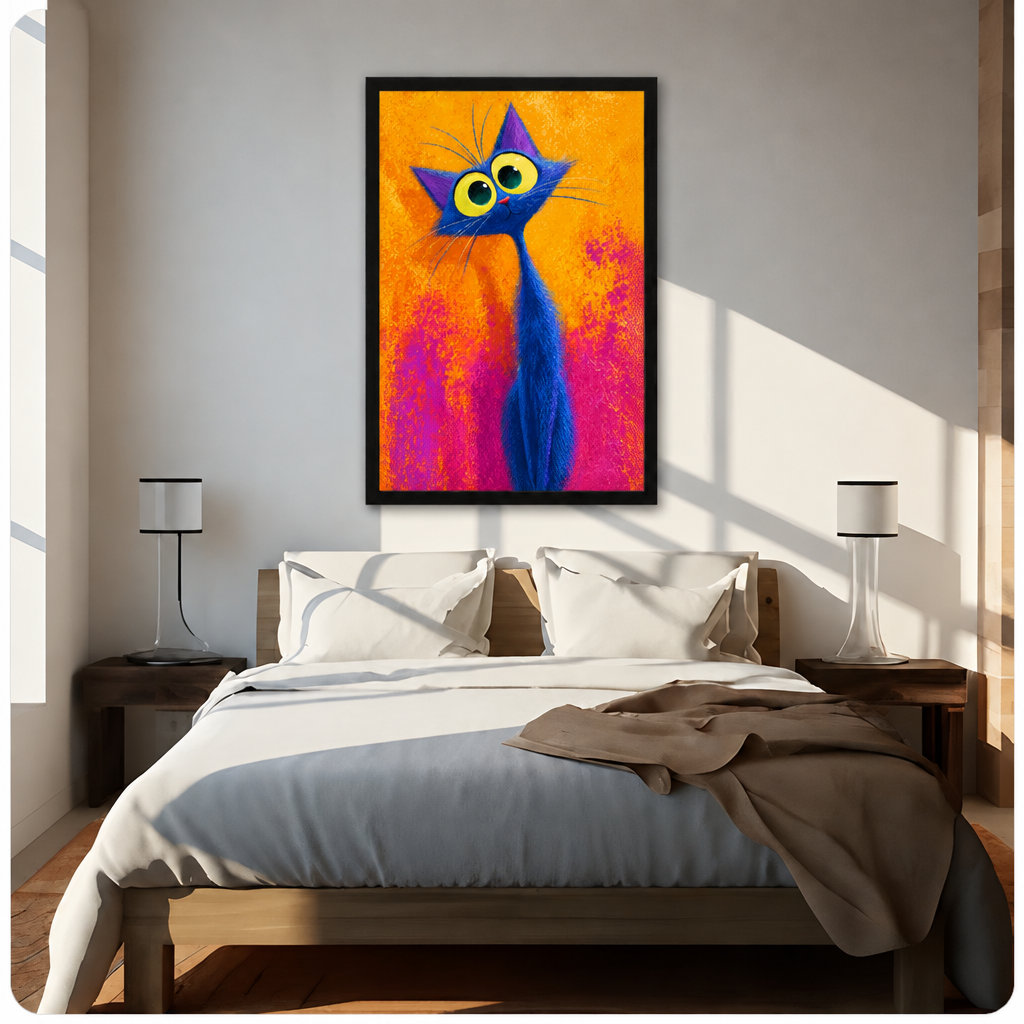 Colorful painting of a tall blue cat with oversized yellow-green eyes purple pointed ears and long neck on a vibrant orange and pink background funny cat wall art framed print above bed sunlit bedroom