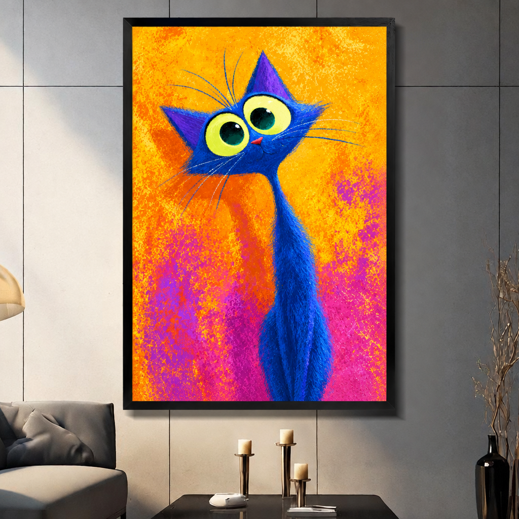 Colorful painting of a tall blue cat with oversized yellow-green eyes purple pointed ears and long neck on a vibrant orange and pink background funny cat wall art framed print dark panel wall living room
