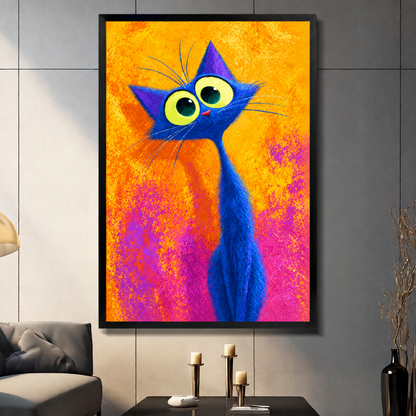 Colorful painting of a tall blue cat with oversized yellow-green eyes purple pointed ears and long neck on a vibrant orange and pink background funny cat wall art framed print dark panel wall living room