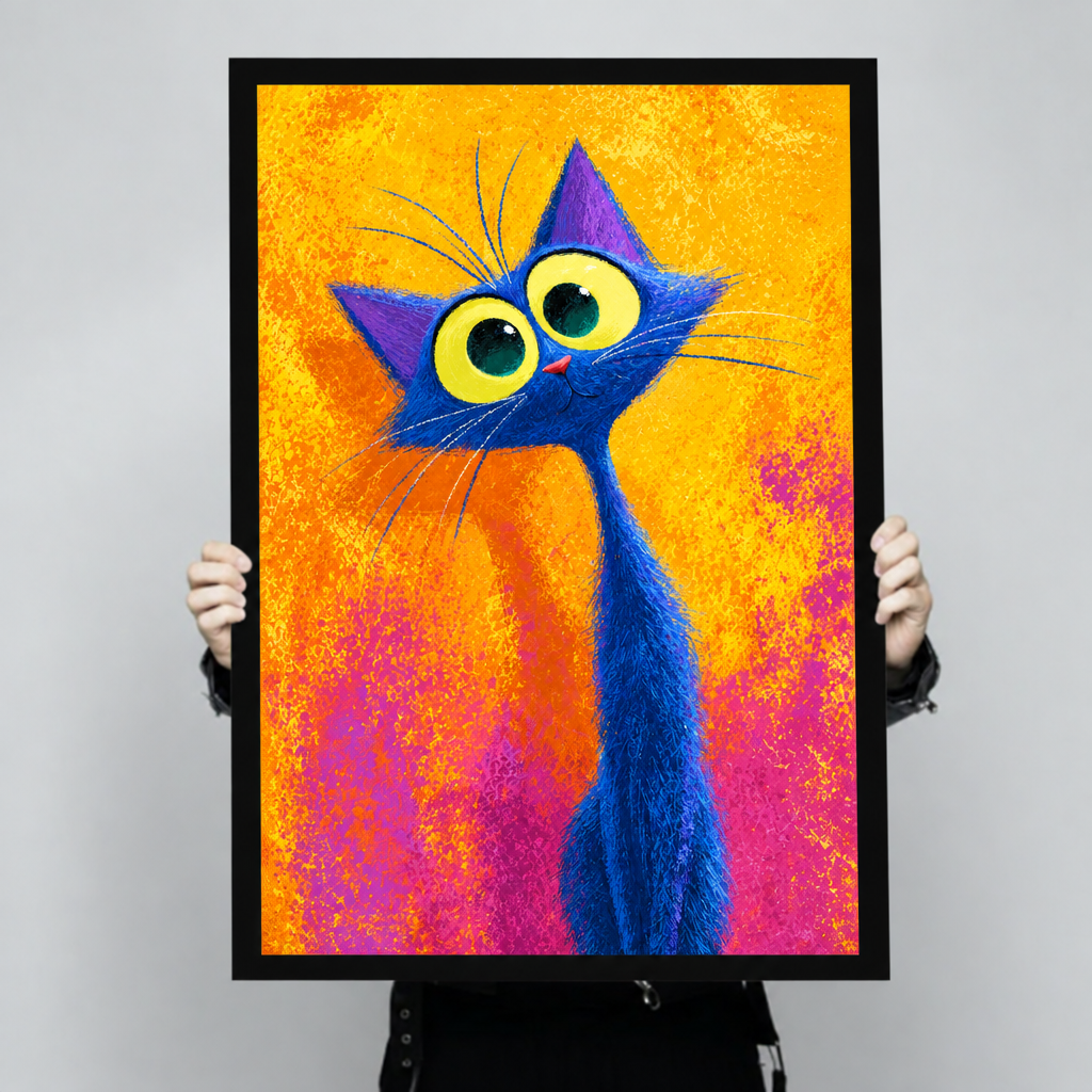Colorful painting of a tall blue cat with oversized yellow-green eyes purple pointed ears and long neck on a vibrant orange and pink background funny cat wall art framed print held up