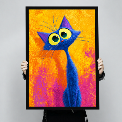 Colorful painting of a tall blue cat with oversized yellow-green eyes purple pointed ears and long neck on a vibrant orange and pink background funny cat wall art framed print held up
