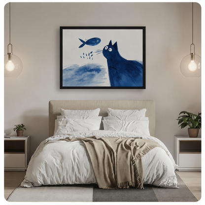 Blue cat gazing at fish framed wall art above bed in minimalist bedroom, serene watercolor ink painting print for calm bedroom decor