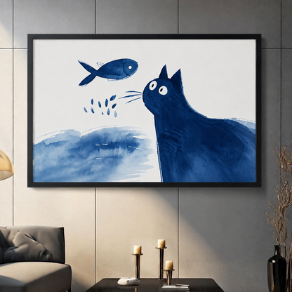 Blue cat and jumping fish watercolor art print in black frame displayed in modern living room, minimalist ink-style cat wall decor