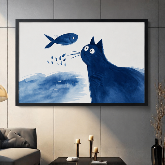 Blue cat and jumping fish watercolor art print in black frame displayed in modern living room, minimalist ink-style cat wall decor