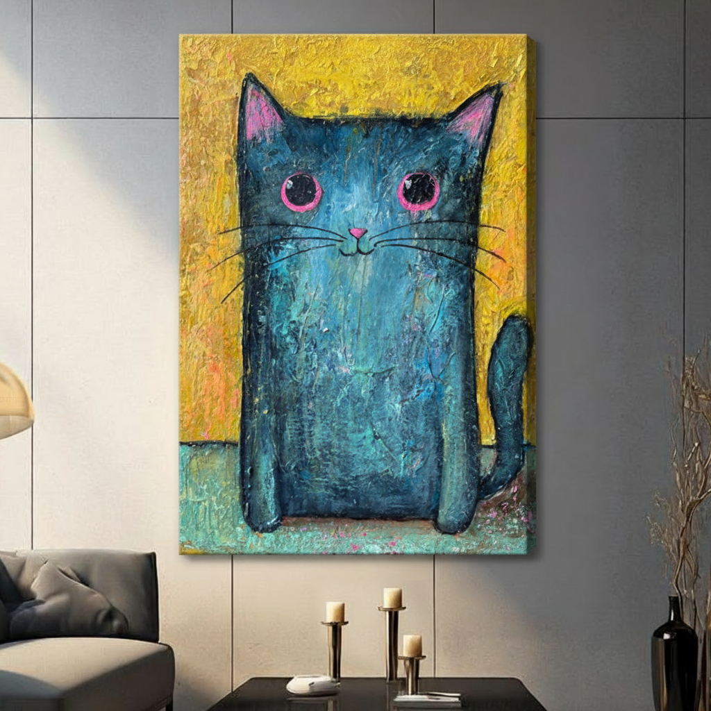 Frameless blue teal cat oil painting canvas print on grey panel wall – textured impasto style whimsical cat wall art with yellow background
