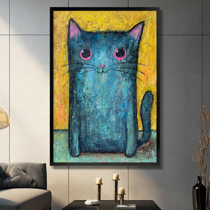 Blue teal cat oil painting canvas wall art in black frame on dark grey wall – big pink eyes yellow background whimsical cat portrait print