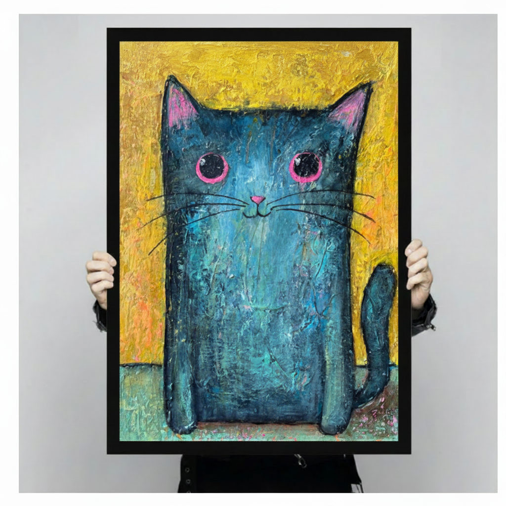 Person holding framed blue teal cat oil painting canvas wall art – big pink eyes yellow background impasto cat portrait size reference