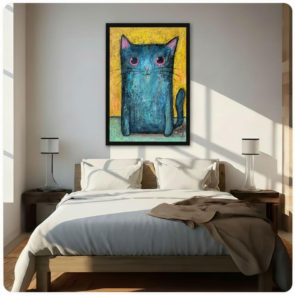 Framed whimsical blue teal cat oil painting above bed in sunlit modern bedroom – yellow background big-eyed cat canvas wall art for bedroom decor