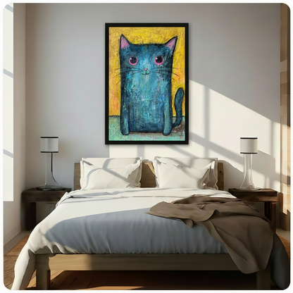 Framed whimsical blue teal cat oil painting above bed in sunlit modern bedroom – yellow background big-eyed cat canvas wall art for bedroom decor
