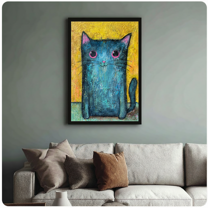 Framed blue teal cat oil painting above cream sofa on sage grey wall – whimsical big-eyed cat canvas print for living room decor