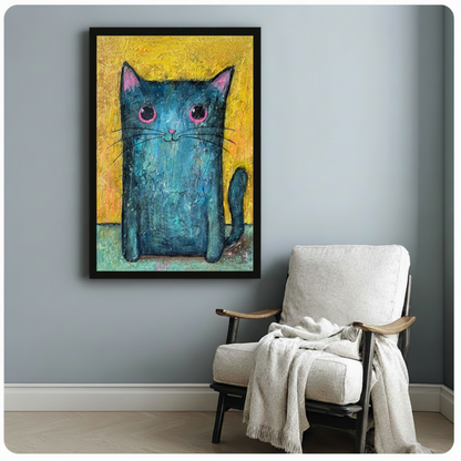 Whimsical blue cat framed oil painting canvas beside linen armchair on blue-grey wall – impasto texture cat portrait wall art for reading nook