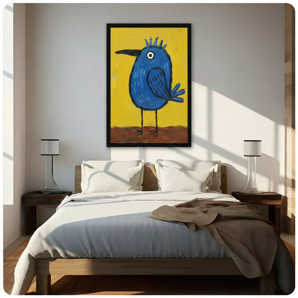 Large black framed canvas of a quirky chubby blue bird with a spiky crown and expressive eye on a golden yellow background, displayed above a wooden bed as a bold statement bedroom wall art piece