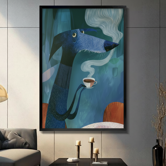 Black framed abstract blue dachshund holding a steaming coffee cup, whimsical wall art displayed in a modern living room with candlestick decor