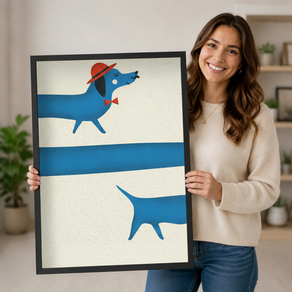 Smiling woman holding a large black-framed canvas print of a blue dachshund wearing a red hat and bow tie, showing print size, frame quality, and bold mid-century modern illustration detail up close