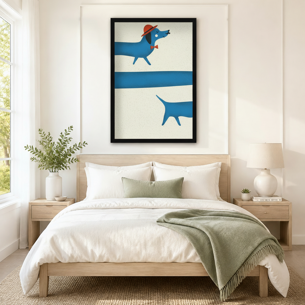 Oversized black-framed canvas of a long blue dachshund in a red fedora and bow tie in minimalist graphic style, mounted as a playful statement piece above a neutral linen bed in a serene Scandinavian bedroom