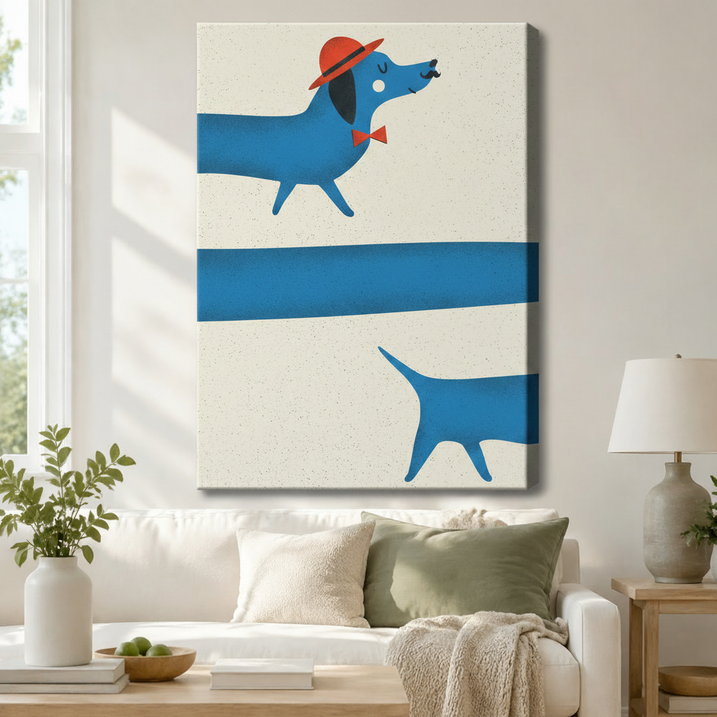 Gallery wrap canvas of a long blue dachshund in a red fedora and bow tie rendered in playful mid-century modern graphic style, hung above a white linen sofa in a cozy neutral living room
