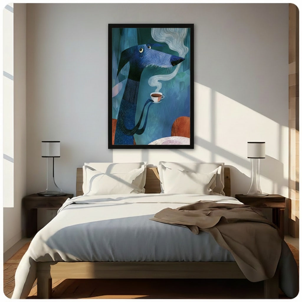 Black framed blue dachshund holding a steaming coffee cup, quirky animal wall art above a wooden bed in a bright minimalist bedroom