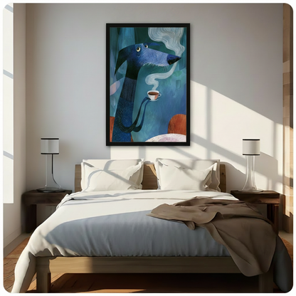 Black framed blue dachshund holding a steaming coffee cup, quirky animal wall art above a wooden bed in a bright minimalist bedroom