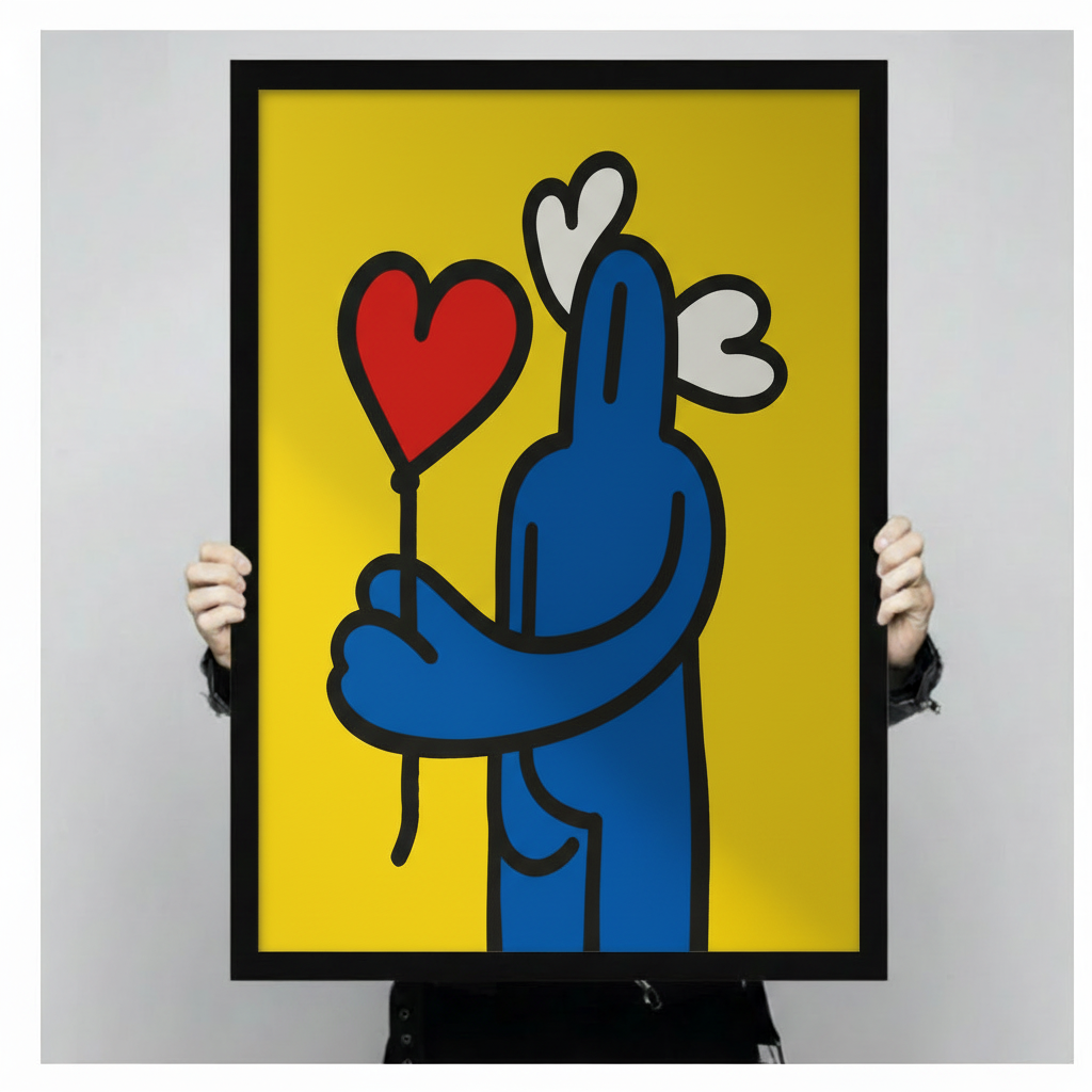 Person holding large framed canvas print featuring blue pop art figure with heart balloon showing actual print size