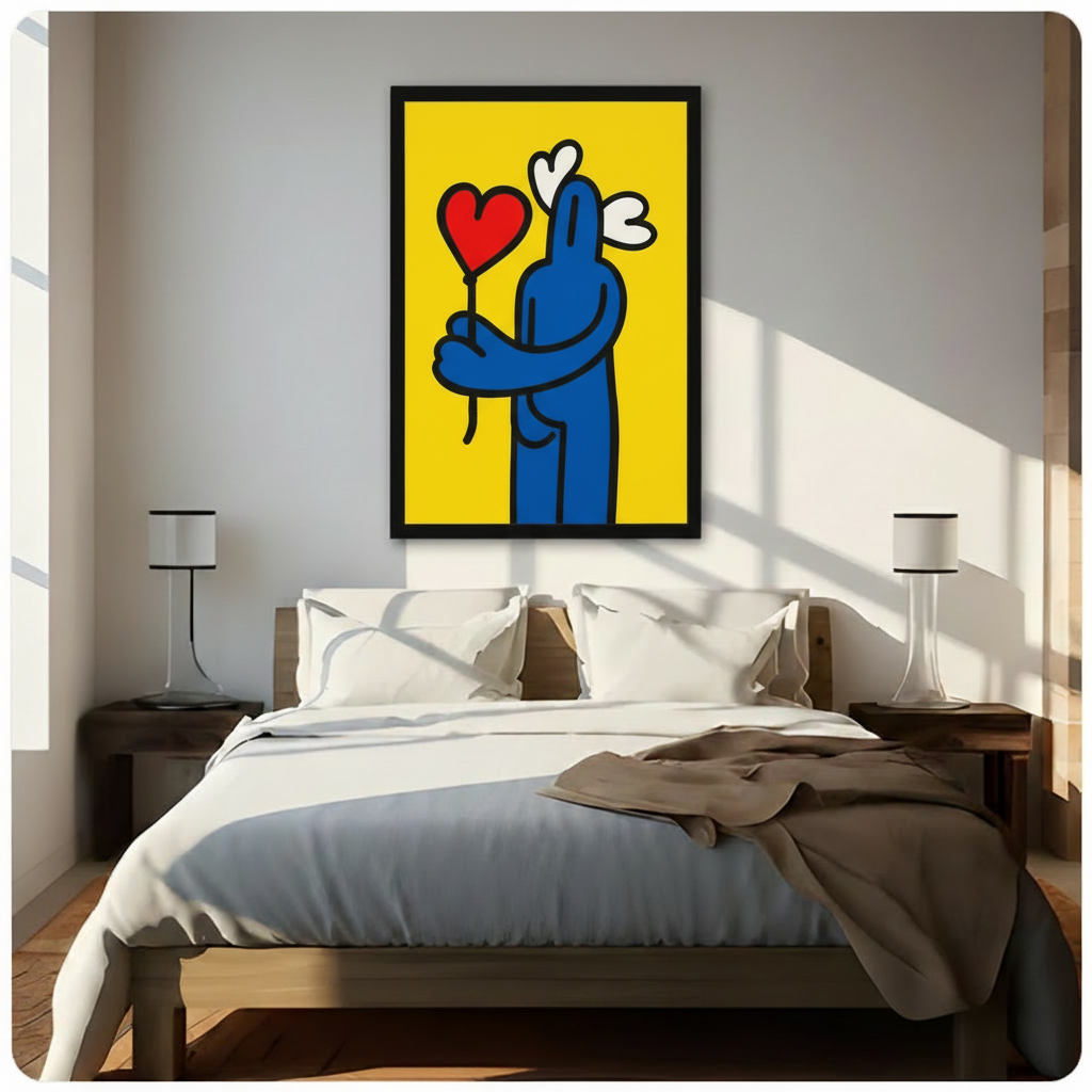 Bold yellow pop art canvas print with blue figure and red heart balloon hung above bed as bedroom wall art decor