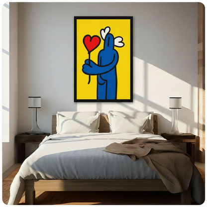 Bold yellow pop art canvas print with blue figure and red heart balloon hung above bed as bedroom wall art decor