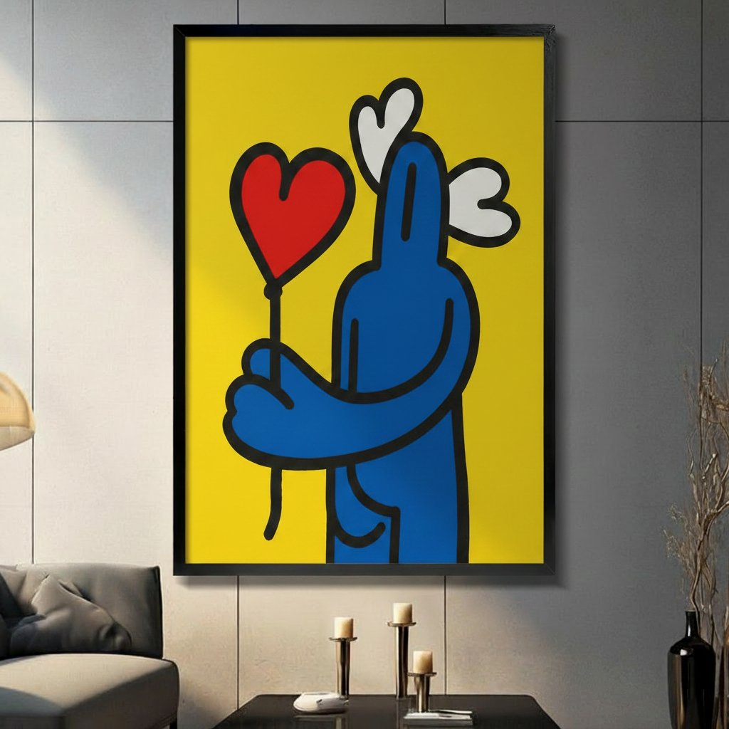 Blue figure holding red heart balloon framed canvas print displayed in modern living room wall decor