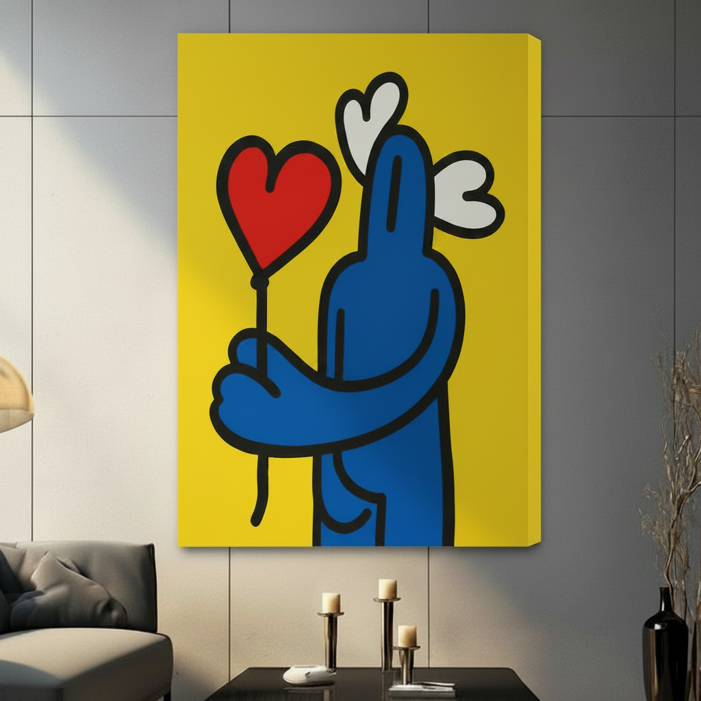 Stretched gallery wrap canvas of blue cartoon figure with heart balloon pop art style wall art for living room