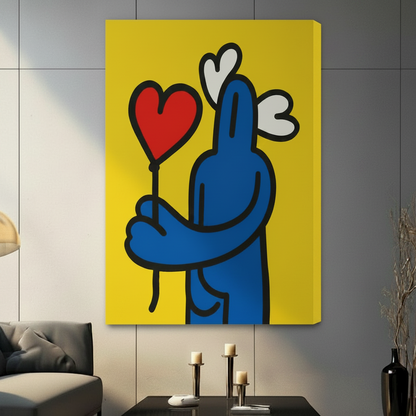 Stretched gallery wrap canvas of blue cartoon figure with heart balloon pop art style wall art for living room
