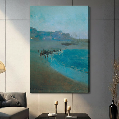Gallery wrapped canvas of blue-green coastal nocturne seascape painting displayed on grey wall in contemporary living room