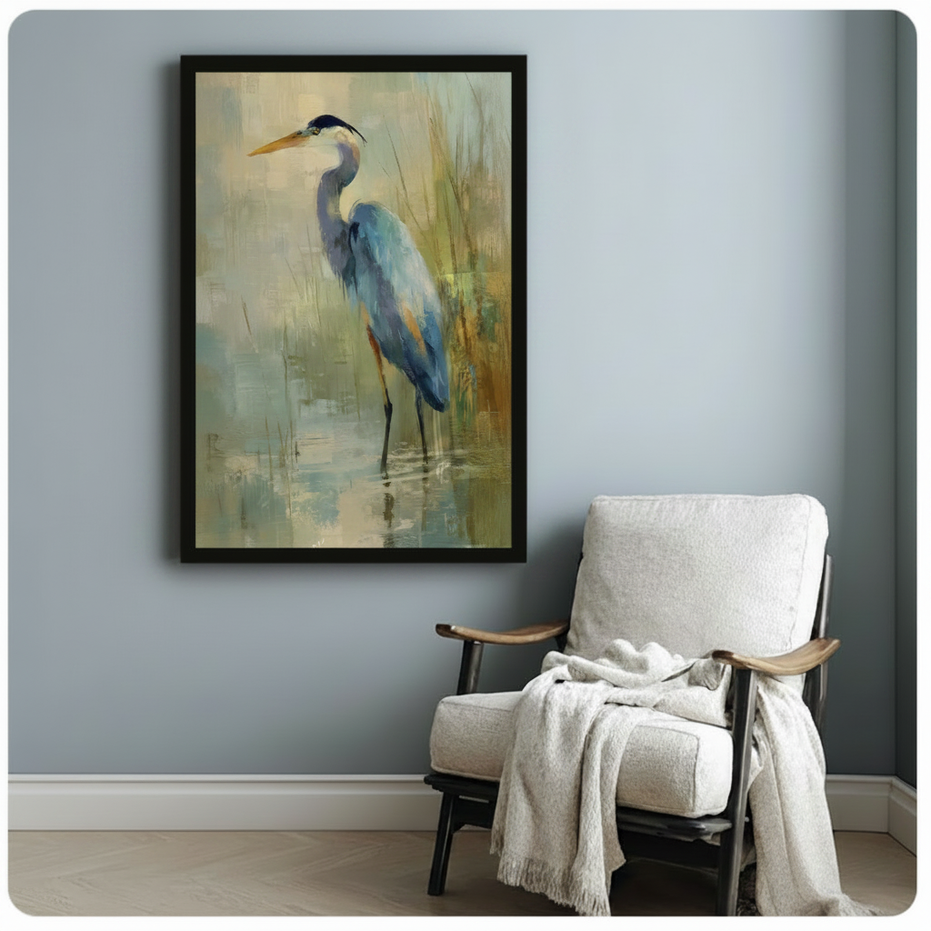 Black framed great blue heron oil painting canvas displayed beside a linen armchair on a soft blue wall, perfect for a cozy reading nook or bedroom