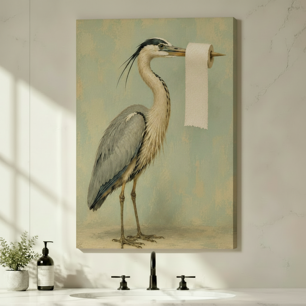 Frameless canvas print of antique style great blue heron with toilet paper on beak displayed above bathroom sink wall decor