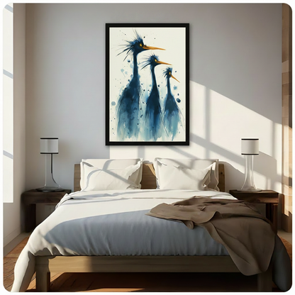 Blue heron trio watercolor framed canvas art print hung above bed with white linen in sunlit minimalist bedroom with wooden nightstands