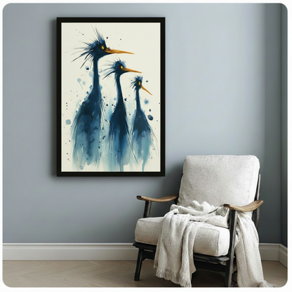 Blue heron trio watercolor framed wall art in black frame hung on light blue-grey wall beside white linen armchair with throw blanket