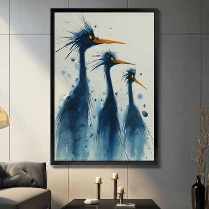 Blue heron trio watercolor art print in black frame mounted on dark grey panel wall above console table with candles in modern living room
