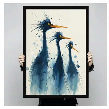 Person holding blue heron trio watercolor black framed art print showing size and scale reference against neutral grey background