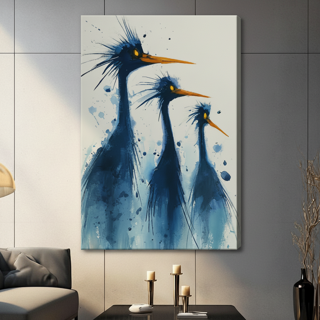 Blue heron trio watercolor gallery wrap canvas print displayed frameless on grey panel wall above console table in contemporary interior