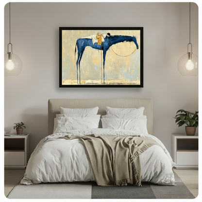 Black framed surrealist blue horse oil painting canvas hung above a beige upholstered bed with white linen bedding in a serene minimalist bedroom with glass globe pendant lights and potted plants