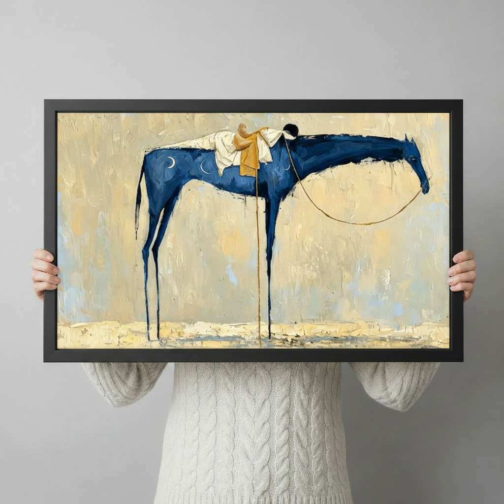 Person in white knit sweater holding a large black framed abstract blue horse and rider canvas art print against a neutral gray background, horizontal product size reference display