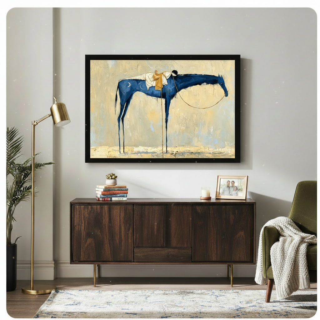Black framed abstract blue horse with crescent moon motif canvas wall art hung above a dark walnut sideboard with stacked books and photo frame in a modern living room with gold floor lamp and olive green chair