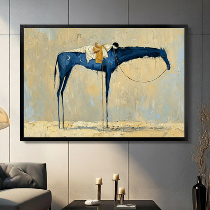 Black framed abstract blue horse and rider oil painting canvas wall art with beige textured background displayed in a modern dark gray living room with candlesticks and tall black vase